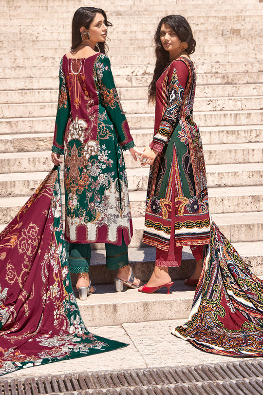 Bottle Green Color Spun Printed Unstitched Suit Material