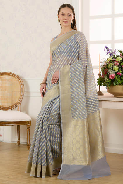 Grey Metalic Tissue Zari Woven Saree
