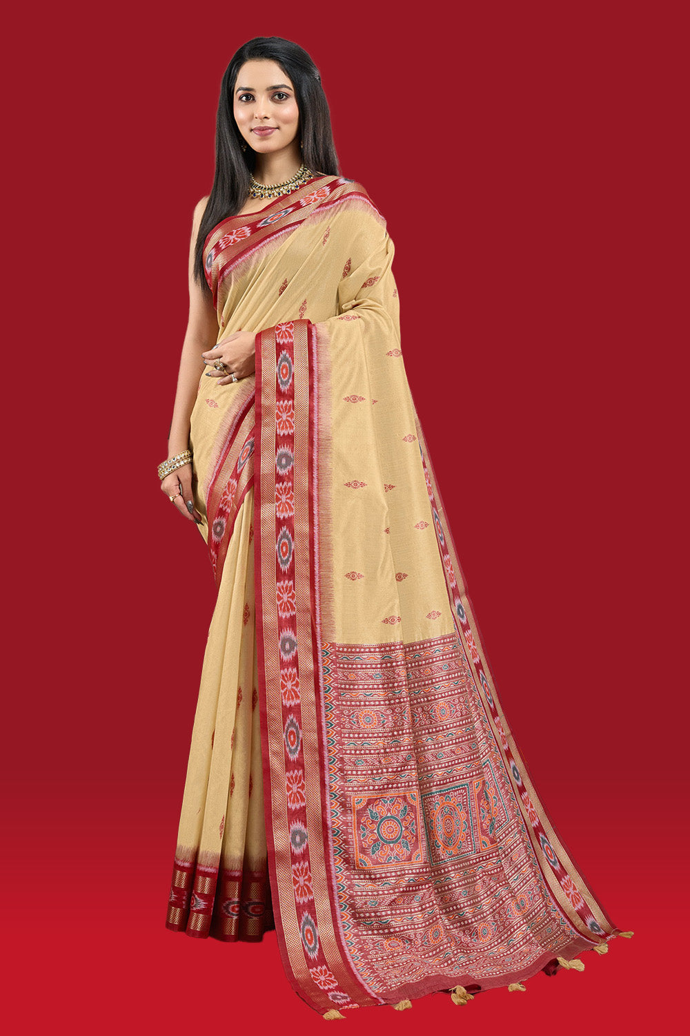 Beige Color Woven Maheshwari Cotton Saree