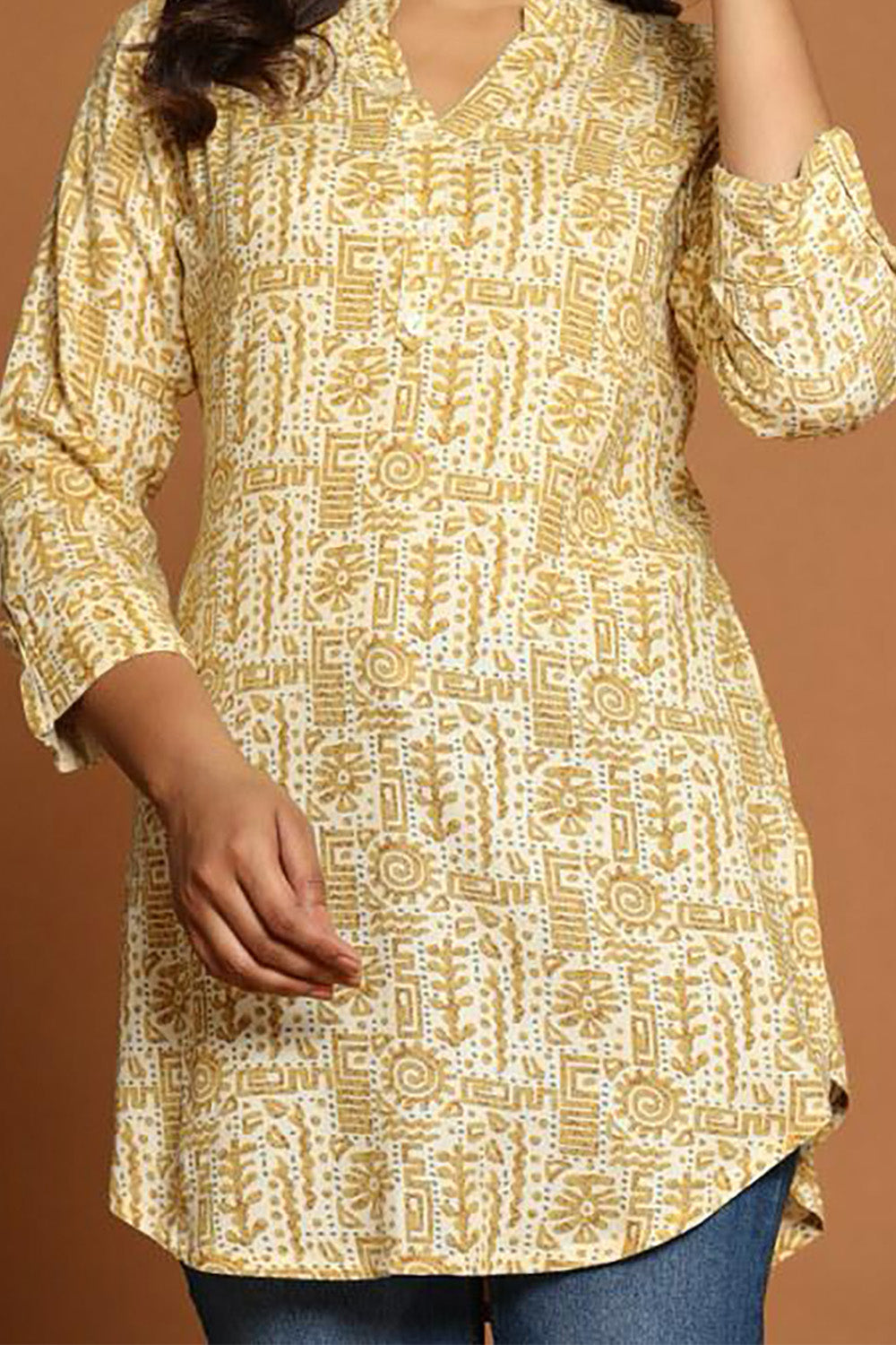 Mustard & Beige Color Cotton Printed Tunic