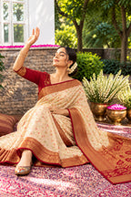 Cream Silk Ikkat Woven Border Saree