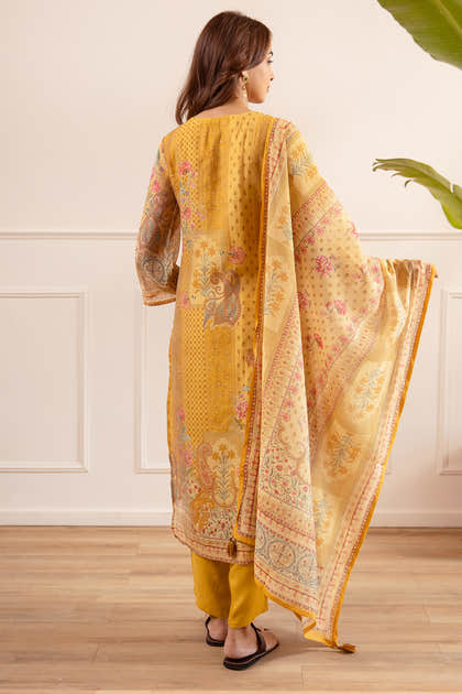 Mustard Chanderi Silk Printed Straight Suit
