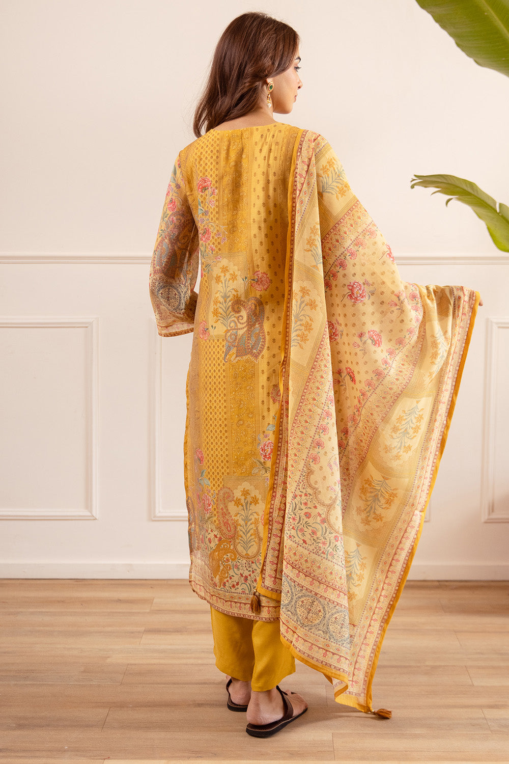 Mustard Chanderi Silk Printed Straight Suit