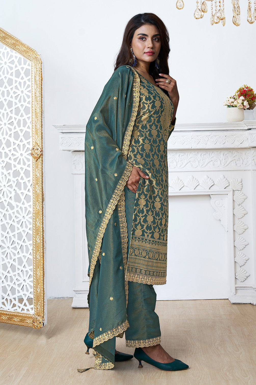 Teal Zari Floral Woven Silk Suit Set
