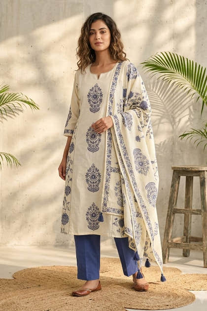 Cream Cotton Hand-Block Printed Suit