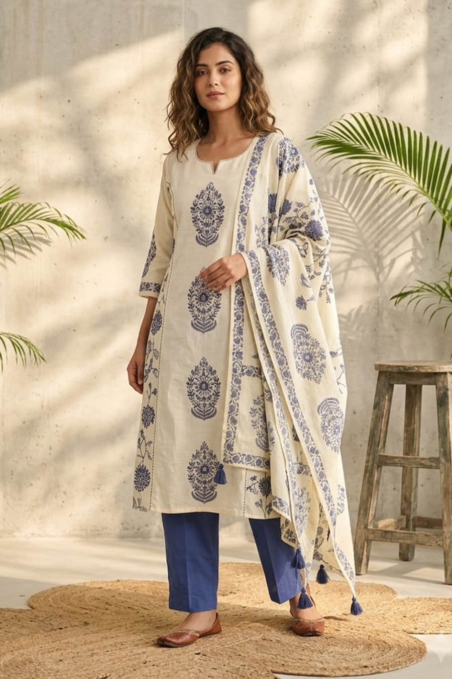 Cream Cotton Hand-Block Printed Suit