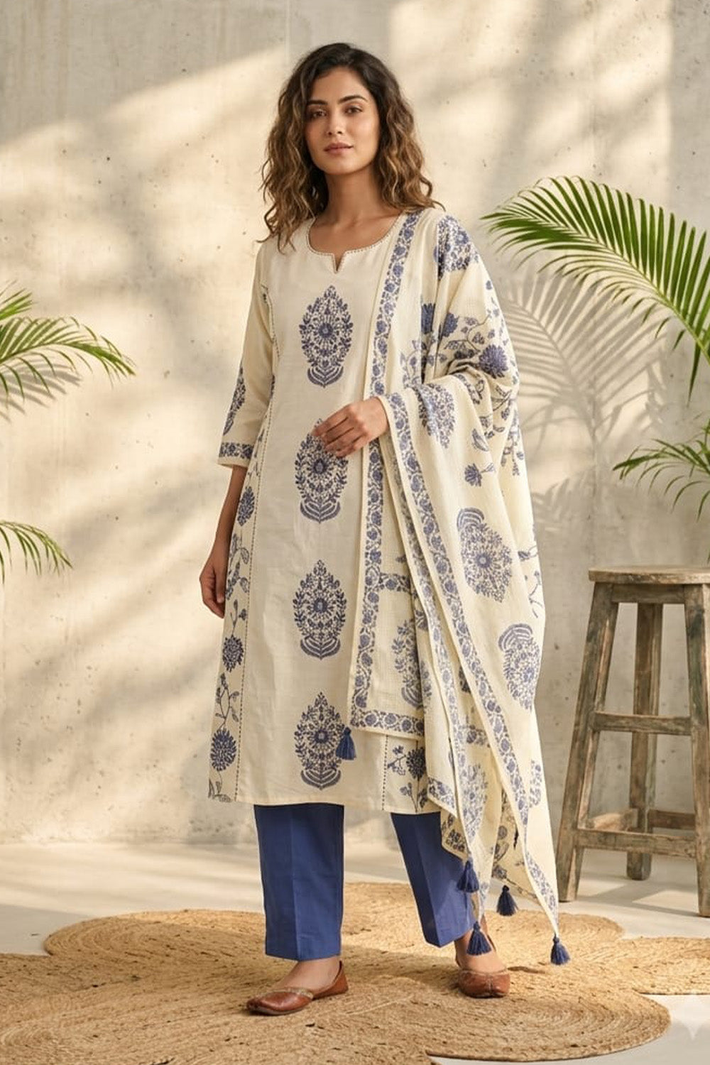Cream Cotton Hand-Block Printed Suit