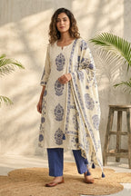 Cream Cotton Hand-Block Printed Suit