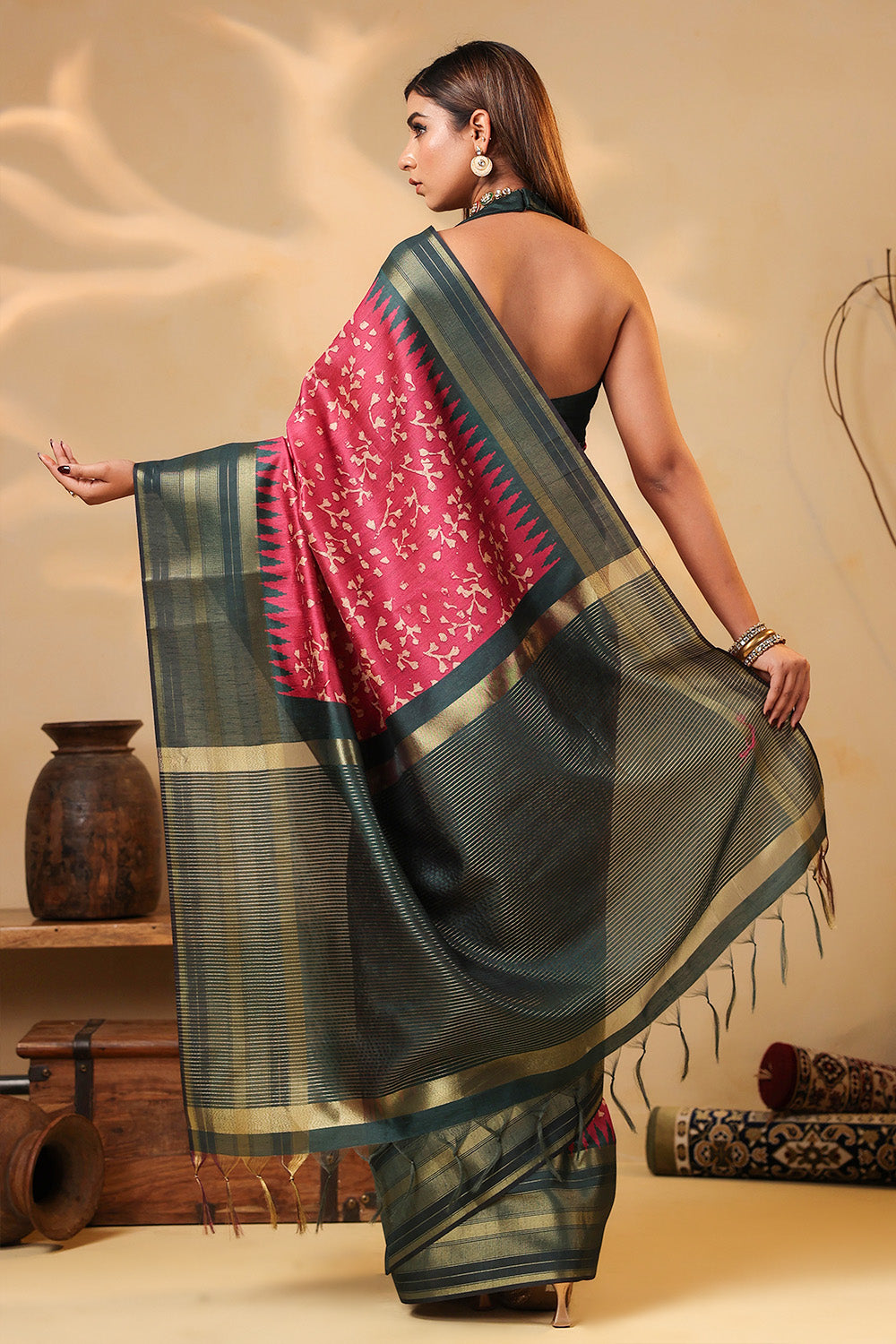 Deep Carmine Tussar Silk Floral Printed and Zari Woven Saree
