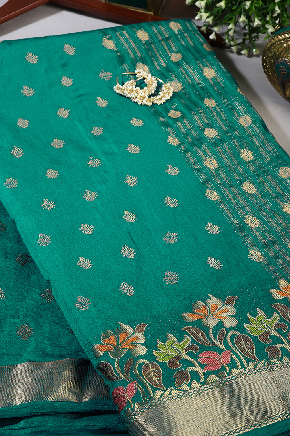 Teal Blue Color Silk Resham & Zari Woven Saree