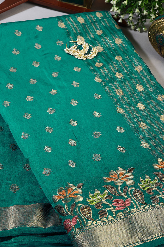 Teal Blue Color Silk Resham & Zari Woven Saree