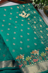 Teal Blue Color Silk Resham & Zari Woven Saree