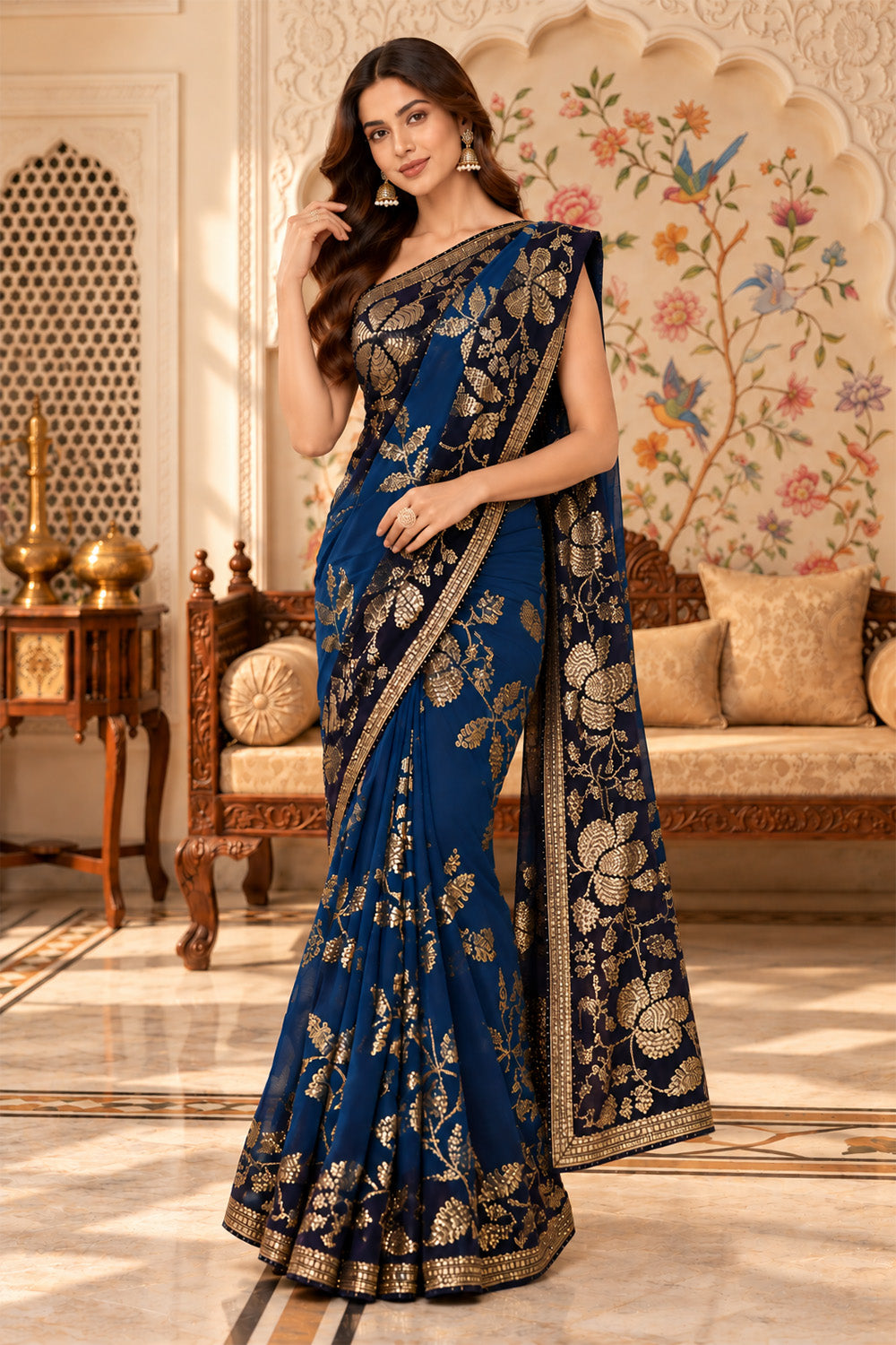 Blue Floral Sequins Embroidered Georgette Saree