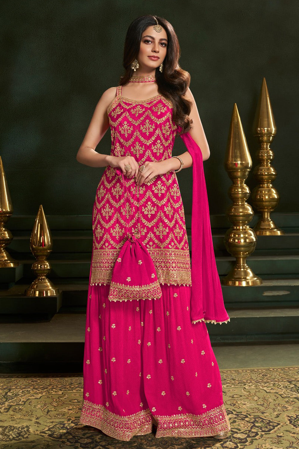 Rani Crepe Silk Zari And Sequins Embroidered Suit With Embroidered Gharara