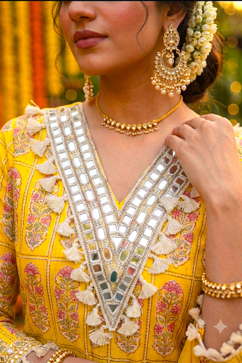 Yellow Cotton  Printed And Mirror Work Suit