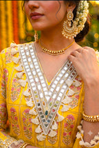 Yellow Cotton  Printed And Mirror Work Suit