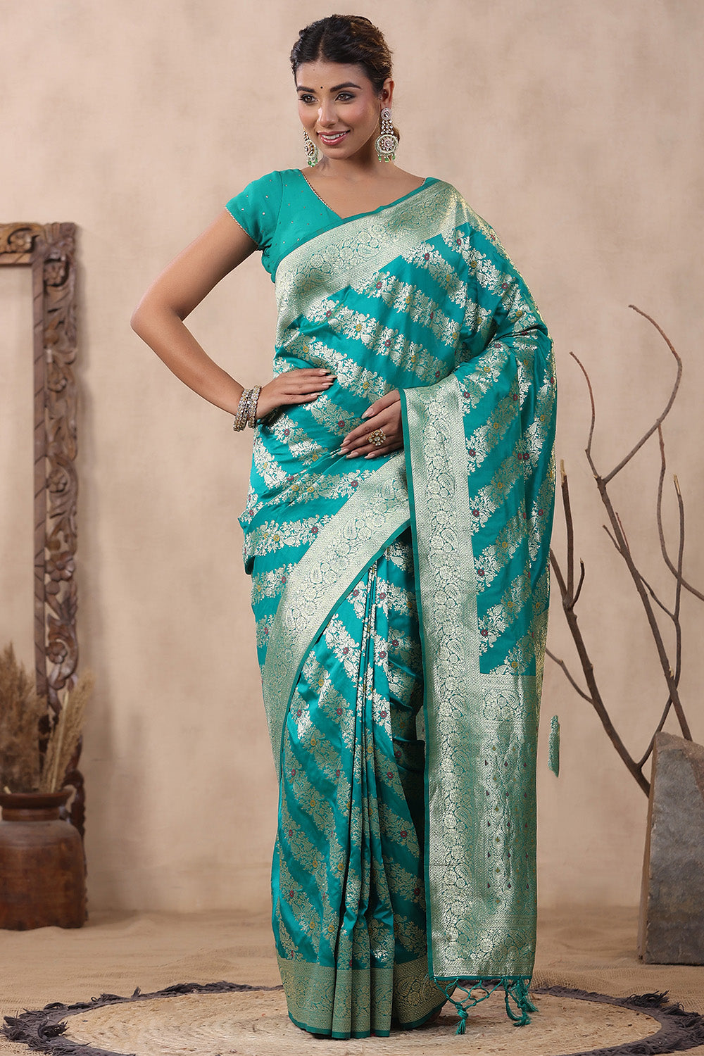 Teal Color Zari Woven Silk Saree
