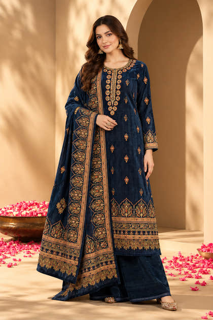 Navy Color Velvet Digital Printed Unstitched Suit Material