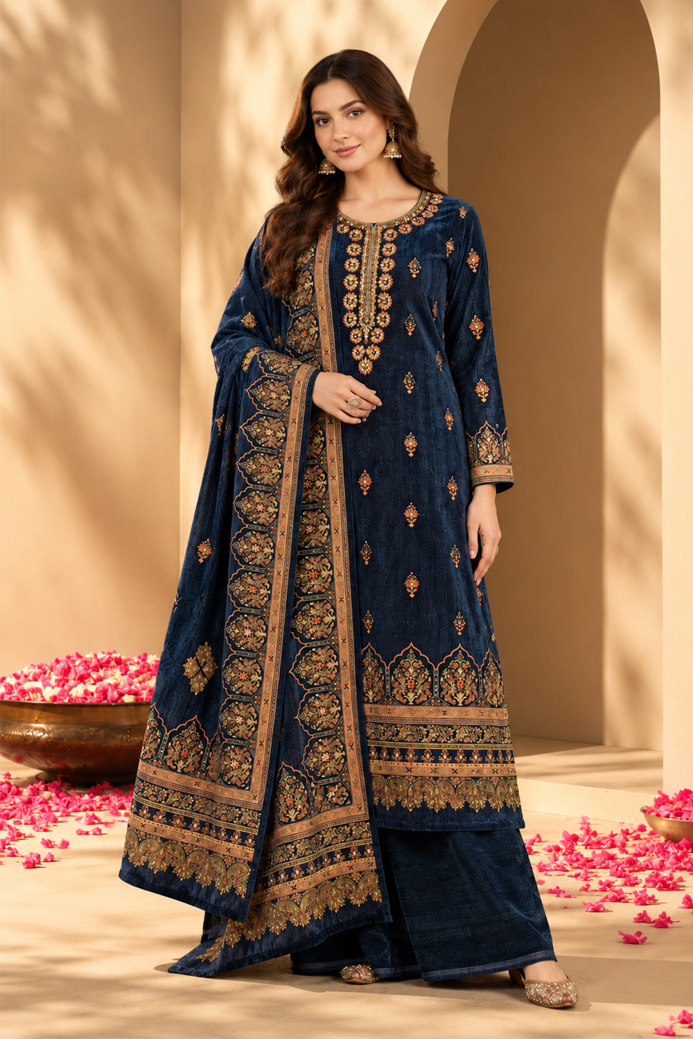 Navy Color Velvet Digital Printed Unstitched Suit Material