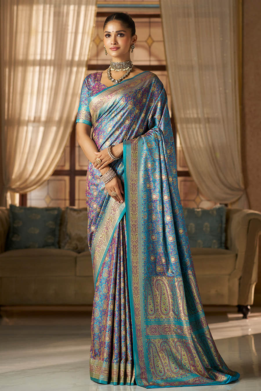 Blue Color Minakari Woven Silk Saree