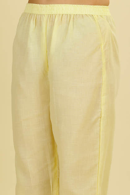 Pale Yellow Cotton Hacoba Style Neck-Embroidered Kurta Set
