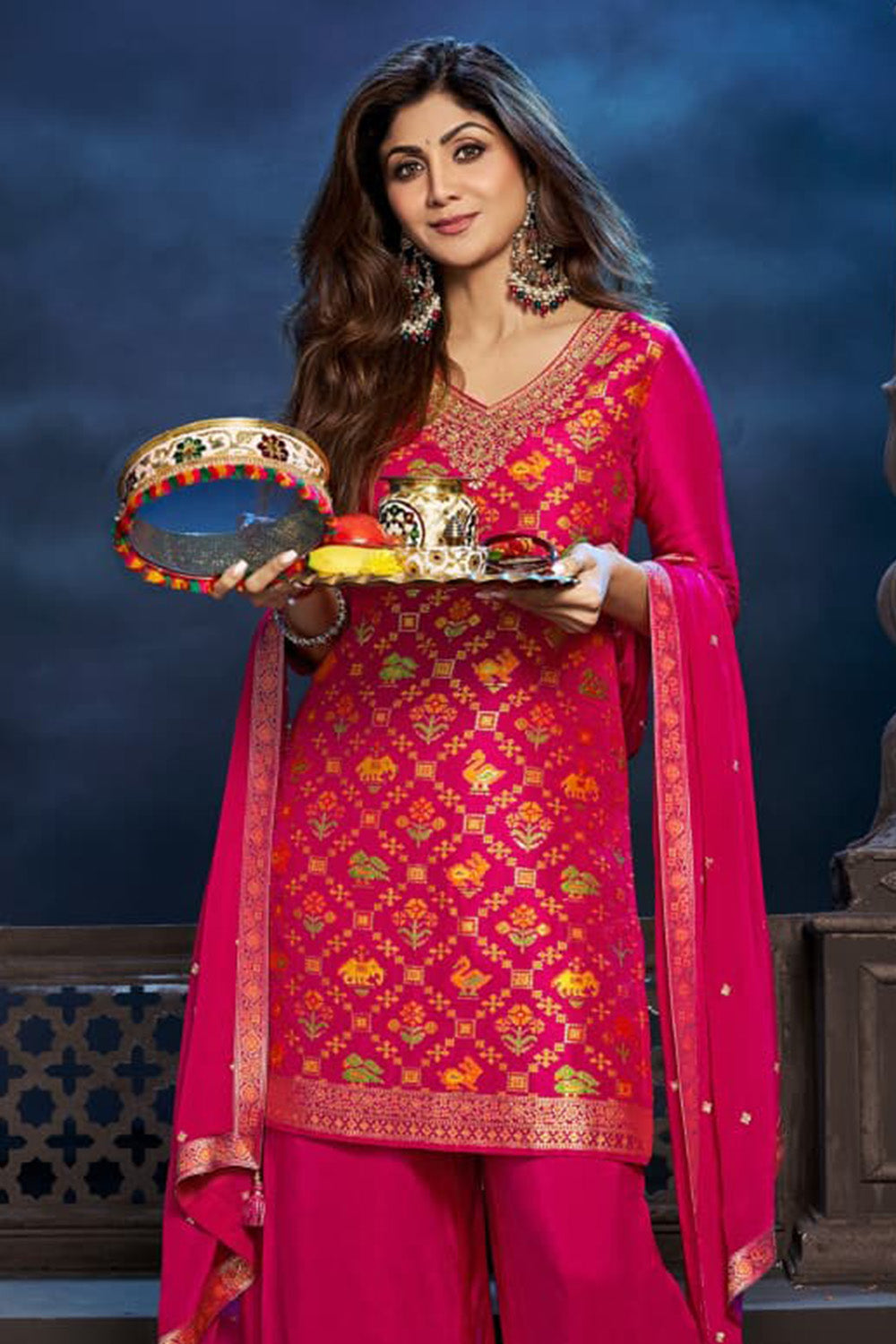 Fuchsia Pink Color Silk Embroidered Suit with Plazzo