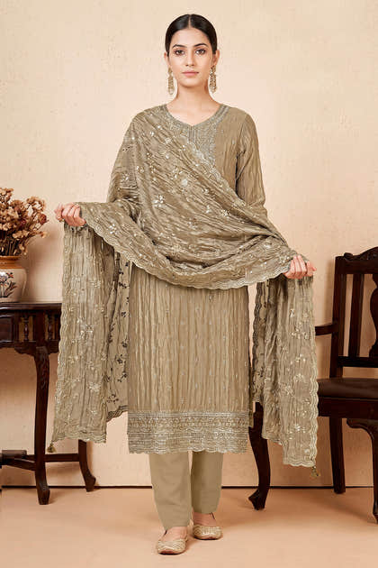 Beige Tissue Silk Embroidered Unstitched Suit Fabric