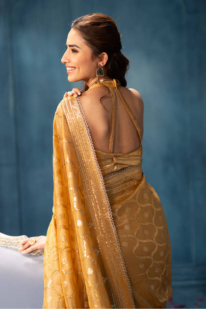 Golden Sequins and Resham Embroidered Metallic Tissue Saree