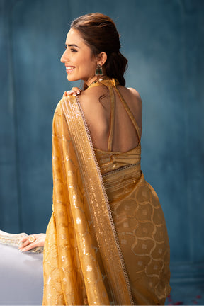 Goldern Sequins and Resham Embroidered Matelic Tissue Saree