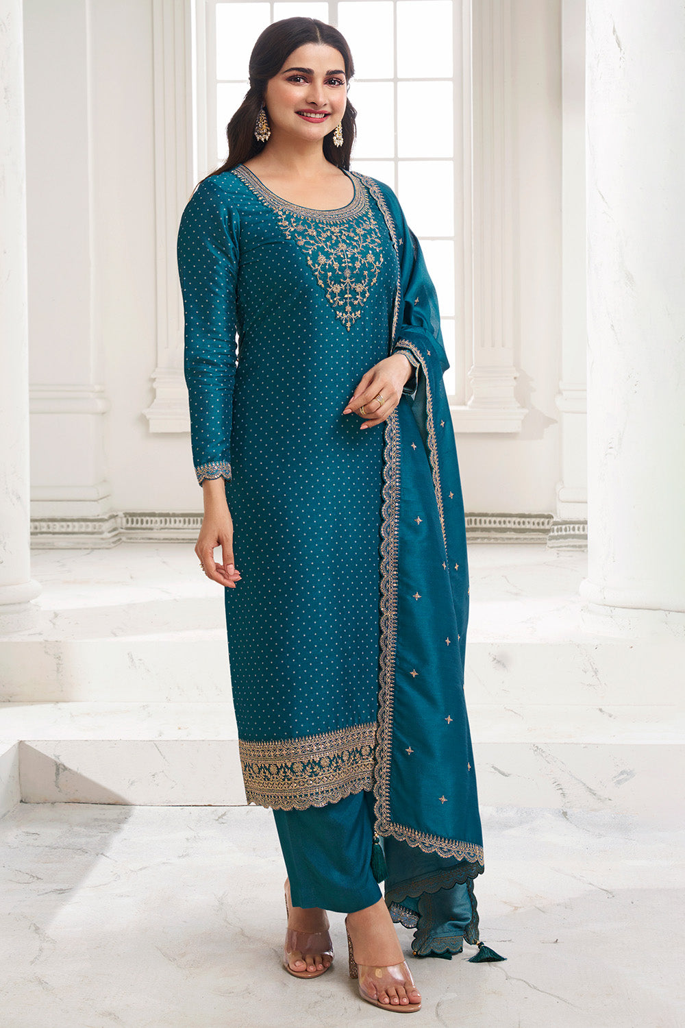 Blue Colour Silk Embroidered Unstitched Suit Fabric