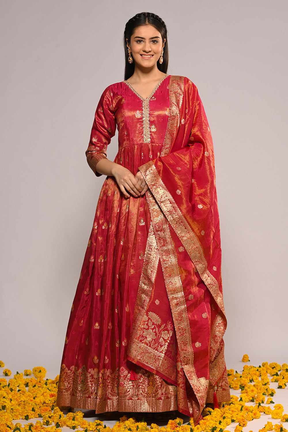 Fuchsia Pink Color Mantellic Tissue Embroidered and Woven Anarkali Suit