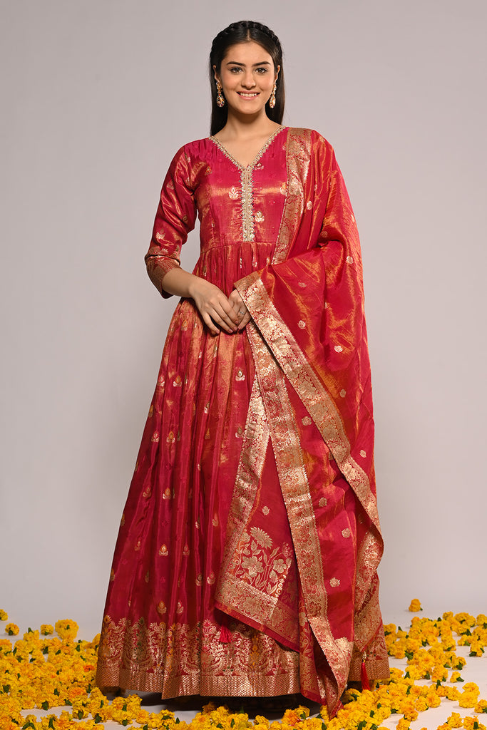 Fuchsia Pink Color Mantellic Tissue Embroidered and Woven Anarkali Suit