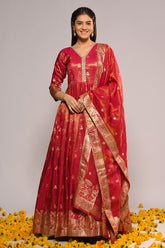 Fuchsia Pink Color Mantellic Tissue Embroidered and Woven Anarkali Suit