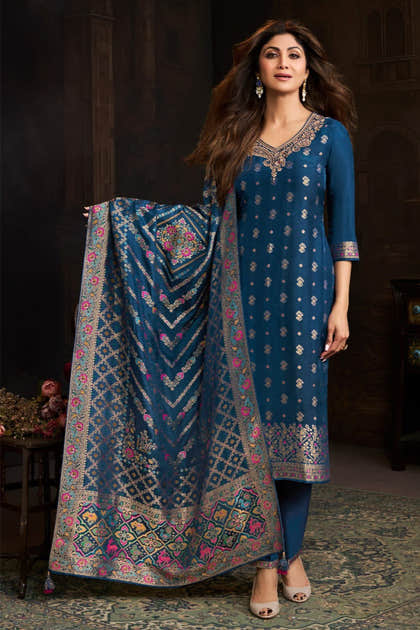 Blue  Silk Neck Embroidered And Zari Woven Suit With Woven Dupatta Set