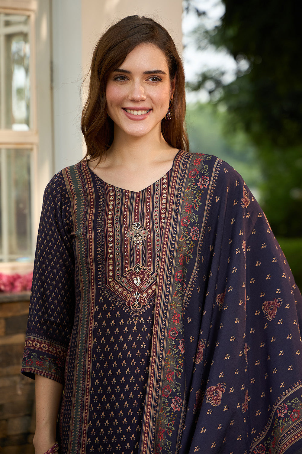 Navy Muslin Printed Straight Suit