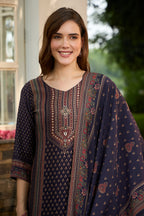 Navy Muslin Printed Straight Suit