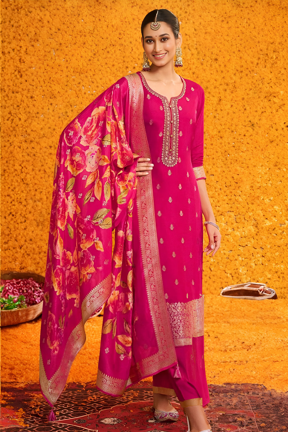Fuchsia Pink Color Chanderi Silk Embroidered Suit