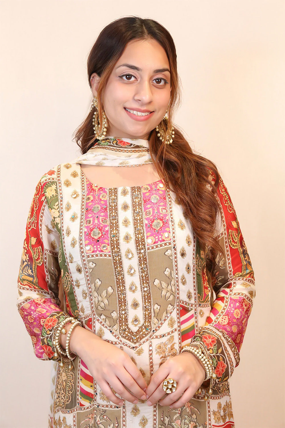 Cream Crepe Silk Printed Suit