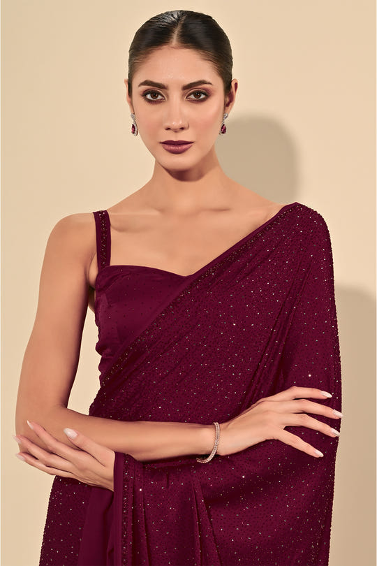 Dark Scarlet Color Satin Swarovski Work Saree