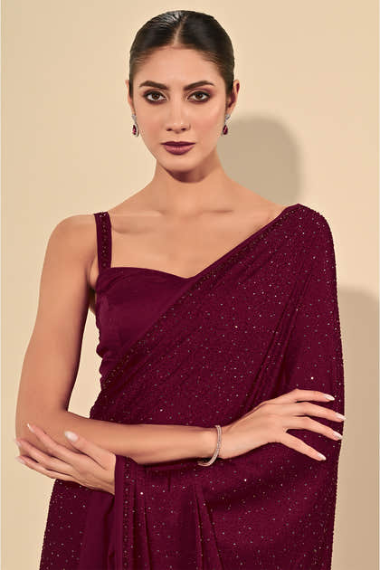 Dark Scarlet Color Satin Swarovski Work Saree