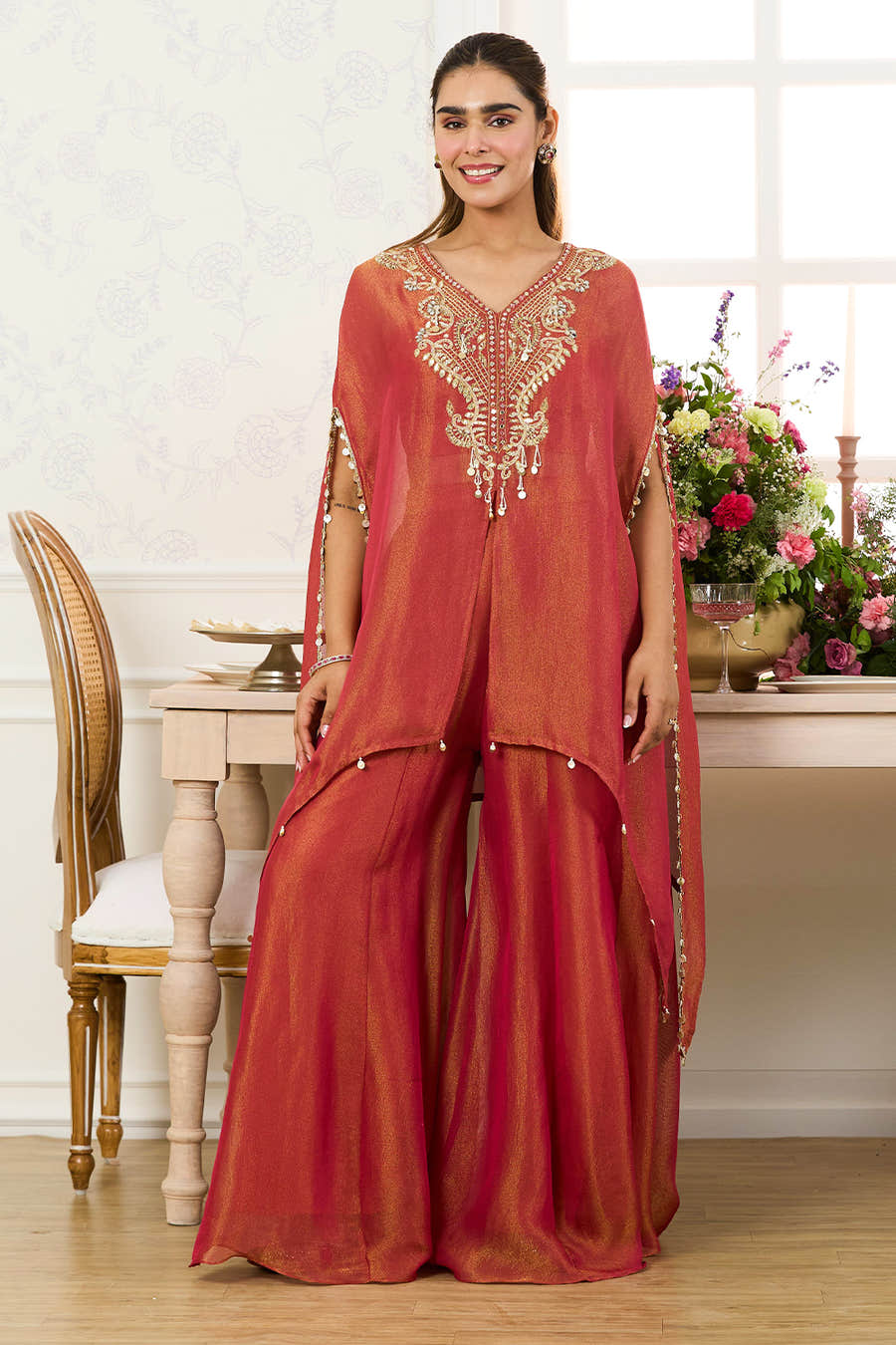 Dark Coral Shimmer Fabric Neck-Embroidered Kaftan Set with Palazzo,