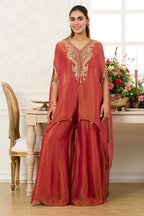 Dark Coral Shimmer Fabric Neck-Embroidered Kaftan Set with Palazzo,