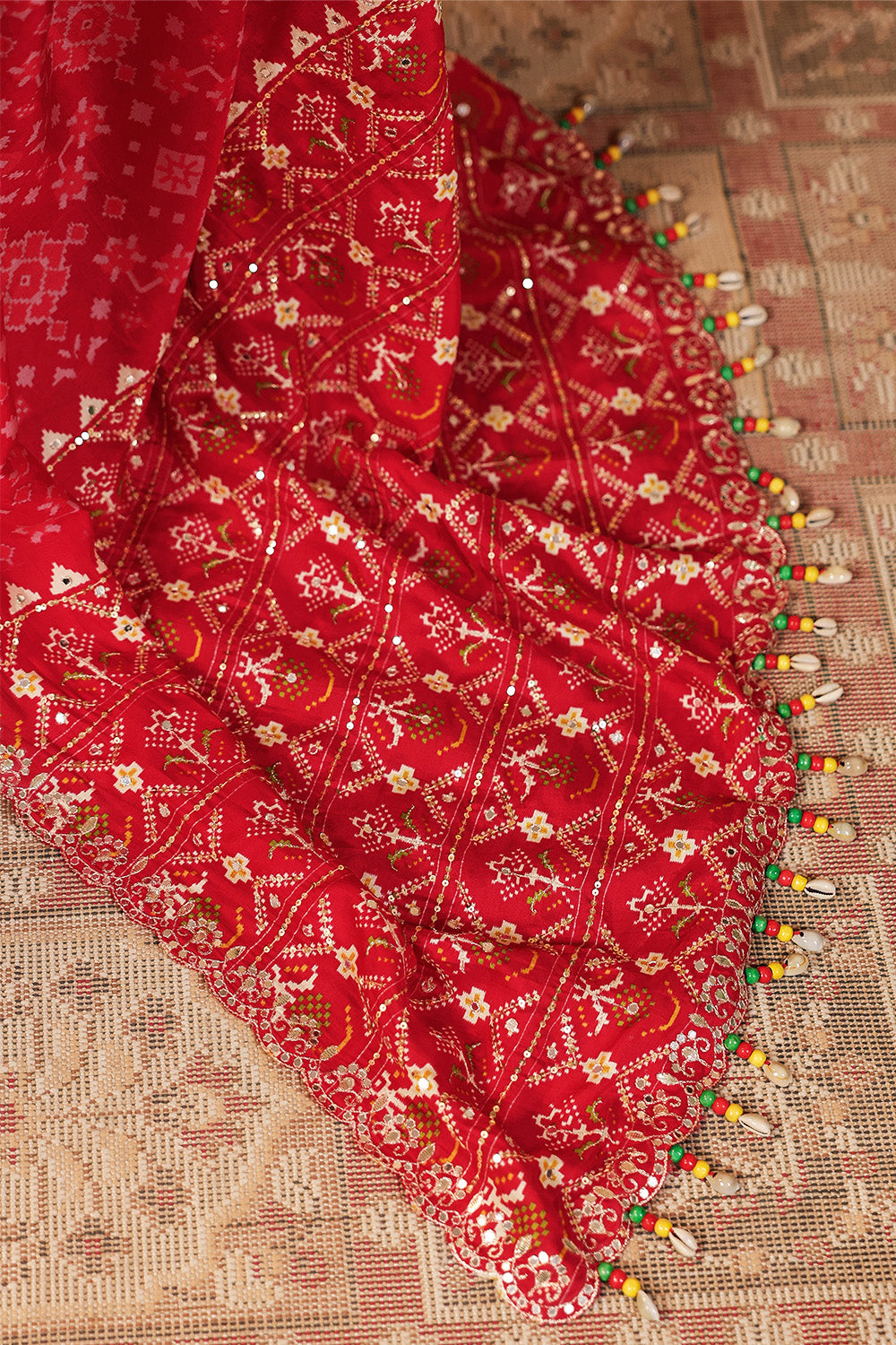 Red Color Ikat Patola Modal Silk Saree with Gota Patti Border