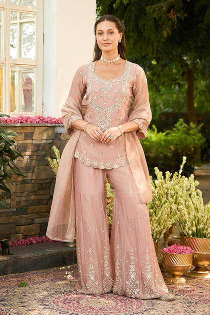 Light Peach Embroidered Suit With Emboirdered Gharara