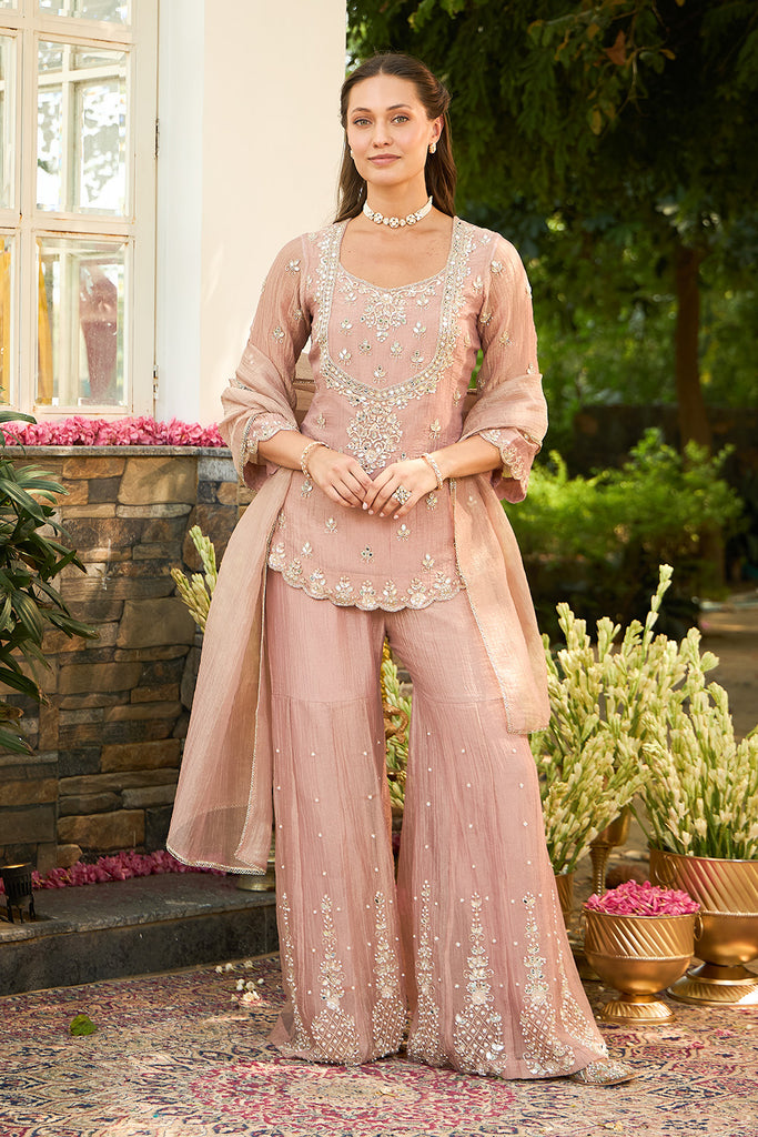 Light Peach Embroidered Suit With Emboirdered Gharara
