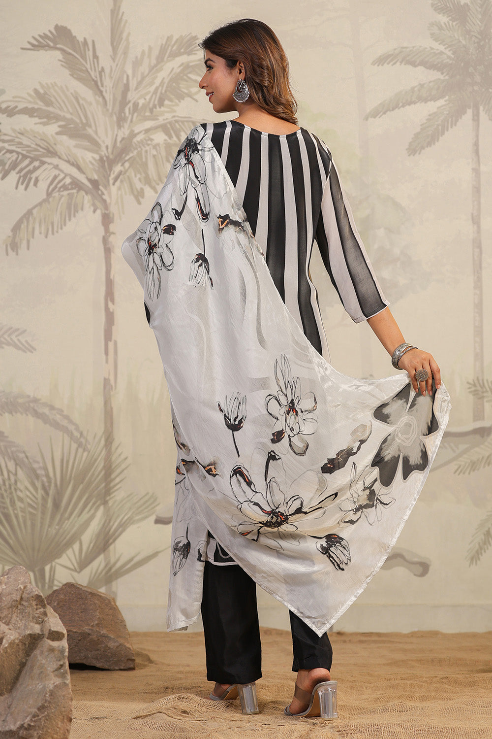 Black & White Color Crepe Floral Printed Suit