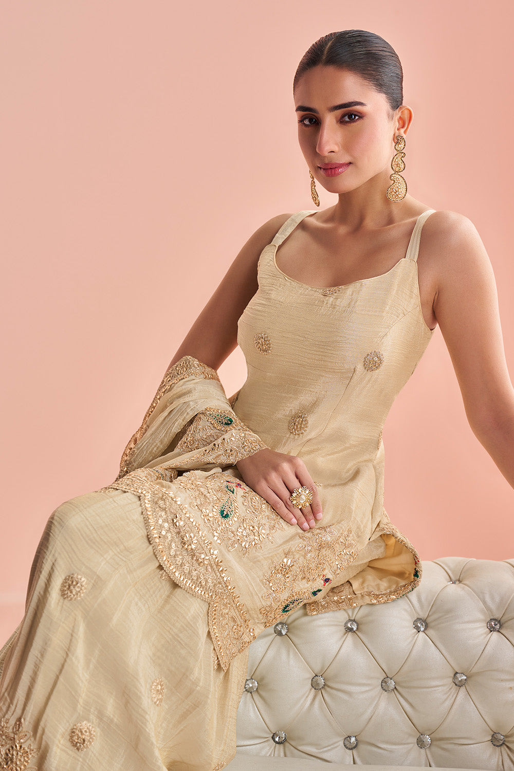 Cream Tussar Silk Pita Embroidered Suit With Embroidered Sharara