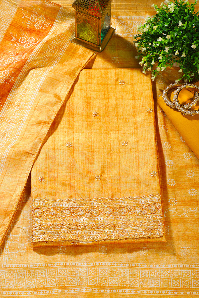 Mustard Tussar Silk Embroidered Unstitched Suit Material