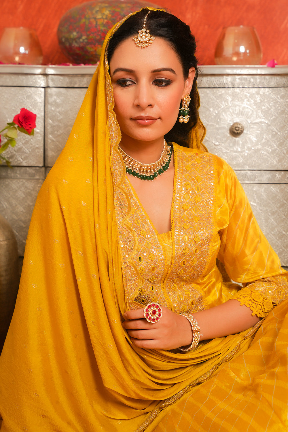 Mustard Color Printed & Embroidered Silk Anarkali Suit
