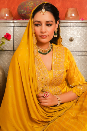 Mustard Color Printed & Embroidered Silk Anarkali Suit